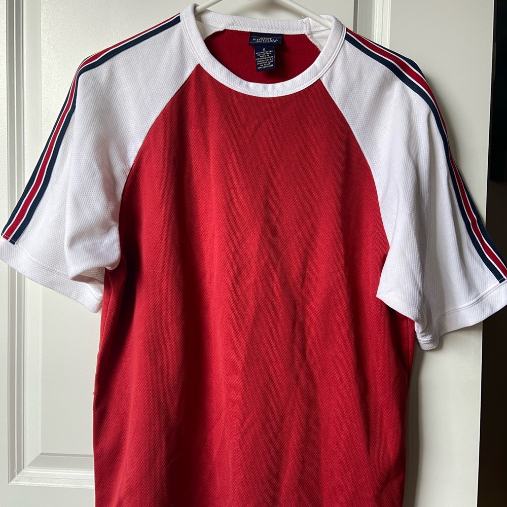 Red jersey shirt with striped sleeves